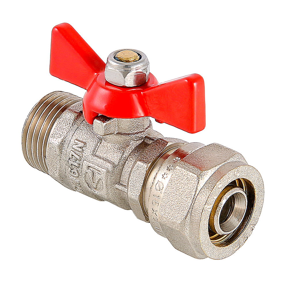 Кран шаровой латунь никель VT.341 Ду 15х16 НР/обжим, Ру 25, бабочка, VALTEC